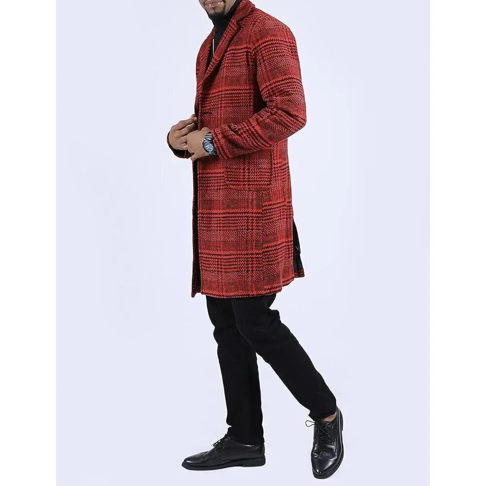 Men's Wine Red Wool Blend Pea Coat Notched Collar Single Breasted Overcoat